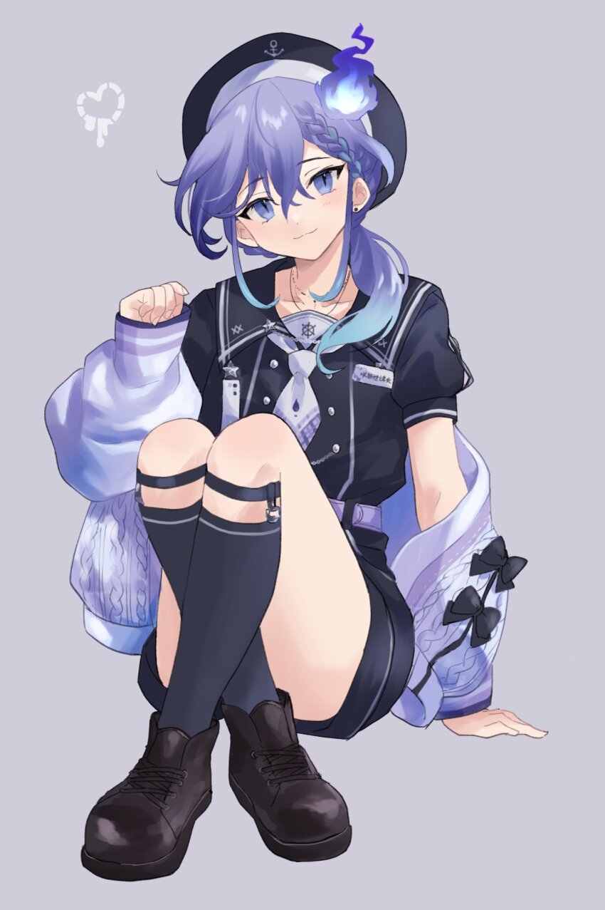 1boy :3 arm_support belt black_bow black_hat black_shirt black_shorts black_socks blue_hair bow braid braided_bangs brown_shoes cross-laced_footwear crossed_ankles earrings gradient_hair grey_background hair_between_eyes hair_over_shoulder hat head_tilt heart highres hitodama holostars jacket jacket_partially_removed jewelry knees_up legwear_garter long_hair long_sleeves looking_at_viewer low_ponytail male_focus minase_rio minase_rio_(2nd_costume) mioto_(tsubsq_m) multicolored_hair name_tag neckerchief necklace official_alternate_costume ponytail purple_belt purple_hair sailor_collar sailor_hat sailor_shirt shirt shoes shorts simple_background sitting sleeves_past_wrists smile socks solo streaked_hair stud_earrings sweater_jacket virtual_youtuber white_jacket white_neckerchief