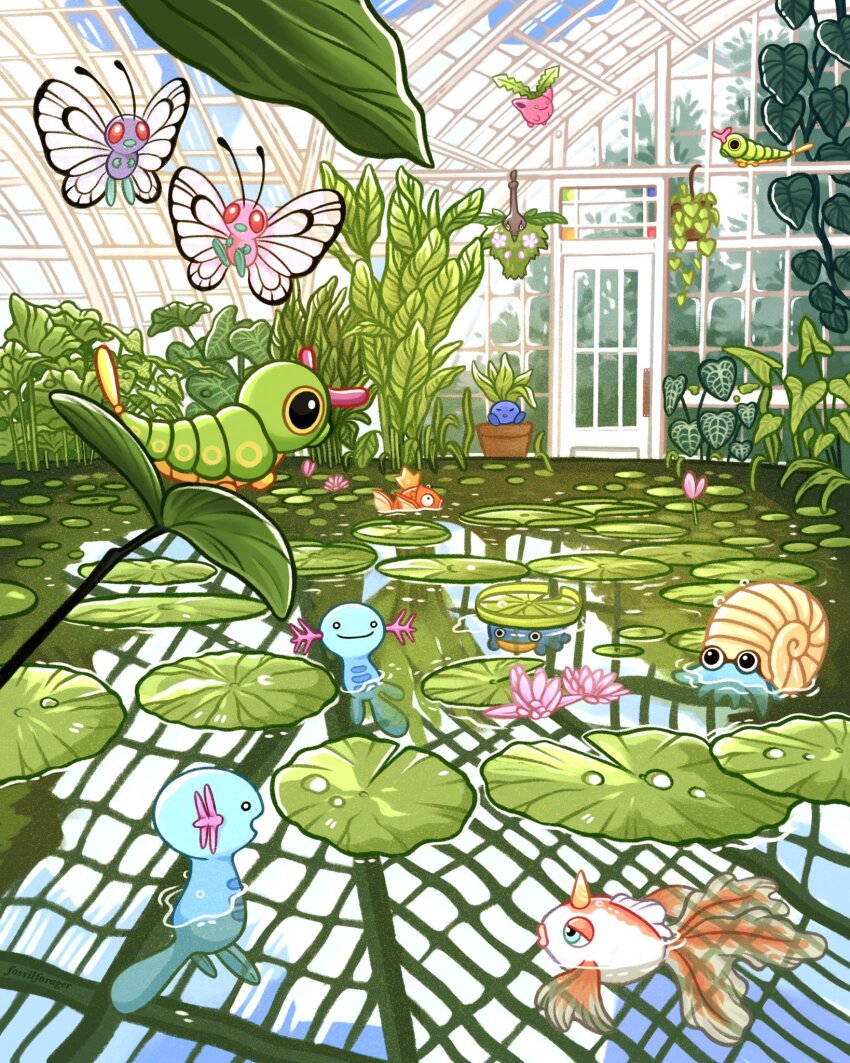 burmy burmy_(plant) butterfree flower gen_1_pokemon gen_2_pokemon gen_3_pokemon gen_4_pokemon glass_door goldeen greenhouse highres hoppip indoors lily_pad lotad lotus magikarp nicole_(faunaparra) nintendo no_humans oddish omanyte plant pokemon pokemon_(creature) reflection reflective_water water window wooper