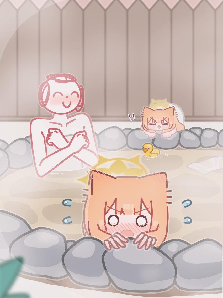 ! !! 1boy 2girls absurdres all_fours animal_ears blue_archive blunt_bangs blush chibi closed_eyes closed_mouth collarbone doodle_sensei_(blue_archive) dual_persona fence flying_sweatdrops halo highres horuhara kayoko_(blue_archive) long_hair mari_(blue_archive) multiple_girls naked_towel no_nose nose_blush o_o onsen open_mouth orange_hair partially_submerged rubber_duck sensei_(blue_archive) towel v-shaped_eyebrows water wooden_fence yellow_halo