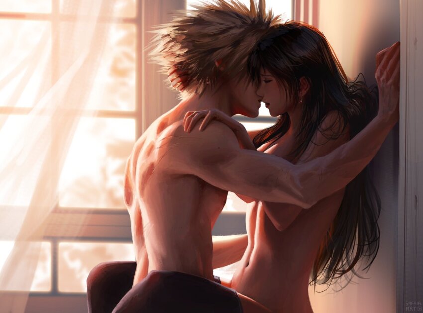1boy 1girl against_wall black_hair black_thighhighs blonde_hair breasts closed_eyes cloud_strife commentary couple curtains earrings english_commentary final_fantasy final_fantasy_vii final_fantasy_vii_remake hetero imminent_kiss indoors jewelry large_breasts long_hair navel nude open_mouth safaia scratches sex short_hair spiked_hair stomach suspended_congress thighhighs tifa_lockhart window