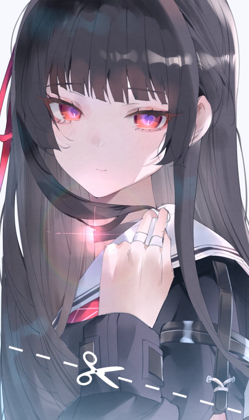 1girl absurdres black_hair chisa_(wuthering_waves) closed_mouth commentary hair_ribbon highres holding holding_own_hair long_hair looking_at_viewer looking_to_the_side portrait purple_pupils red_eyes red_ribbon ribbon sailor_collar shigureszku solo white_sailor_collar wuthering_waves