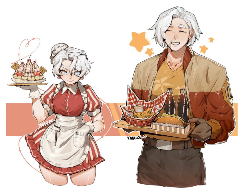 1boy 1girl alohapz apron artist_name belt buttons closed_eyes closed_mouth crinkle-cut_fries dessert dress earrings food french_fries hand_in_pocket highres holding holding_food holding_tray ice_cream jacket jewelry light_smile notepad original pale_skin pants pen red_dress shirt short_hair short_sleeves signature smile soda_bottle star_(symbol) striped_clothes striped_dress sundae teeth thighs tray waiter white_apron white_eyes white_hair yellow_shirt