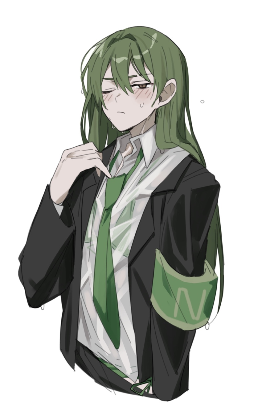 1boy armband bikini bikini_under_clothes black_jacket blush clothes_pull collared_shirt dress_shirt green_armband green_bikini green_hair green_necktie highres hot jacket lapels lobotomy_corporation long_hair long_sleeves male_focus mu46016419 necktie netzach_(project_moon) open_clothes open_jacket pants pants_pull project_moon see-through_clothes see-through_shirt shirt side-tie_bikini_bottom simple_background solo string_bikini striped_bikini striped_clothes sweat swimsuit wet wet_clothes wet_shirt white_background wince