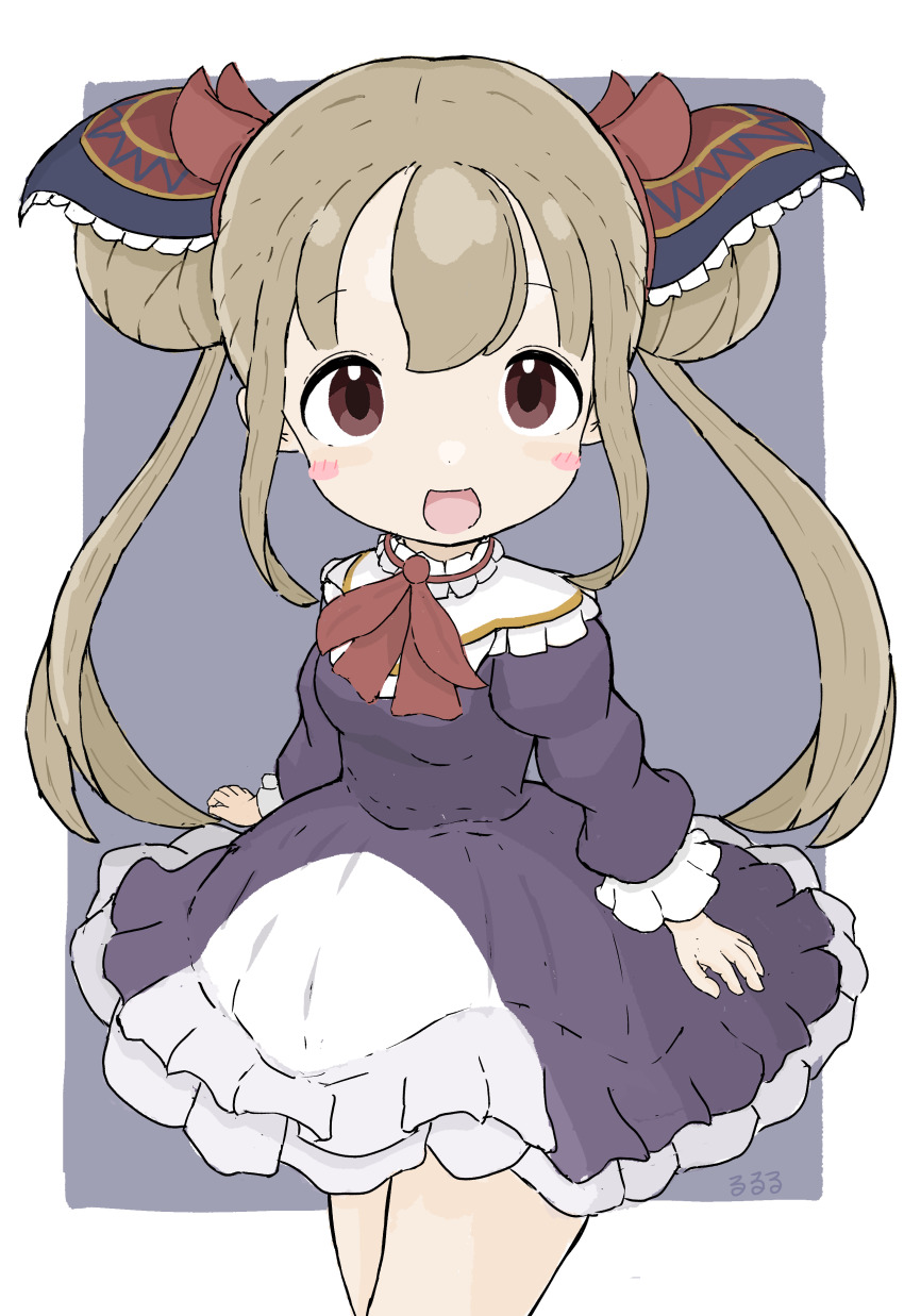 1girl :d absurdres black_dress blush_stickers brown_eyes brown_hair commentary_request double_bun dress grey_background hair_bun highres long_hair long_sleeves looking_at_viewer luna_(shadowverse) open_mouth puffy_long_sleeves puffy_sleeves rururu_(pyrk8855) shadowverse signature smile solo twintails two-tone_background very_long_hair white_background