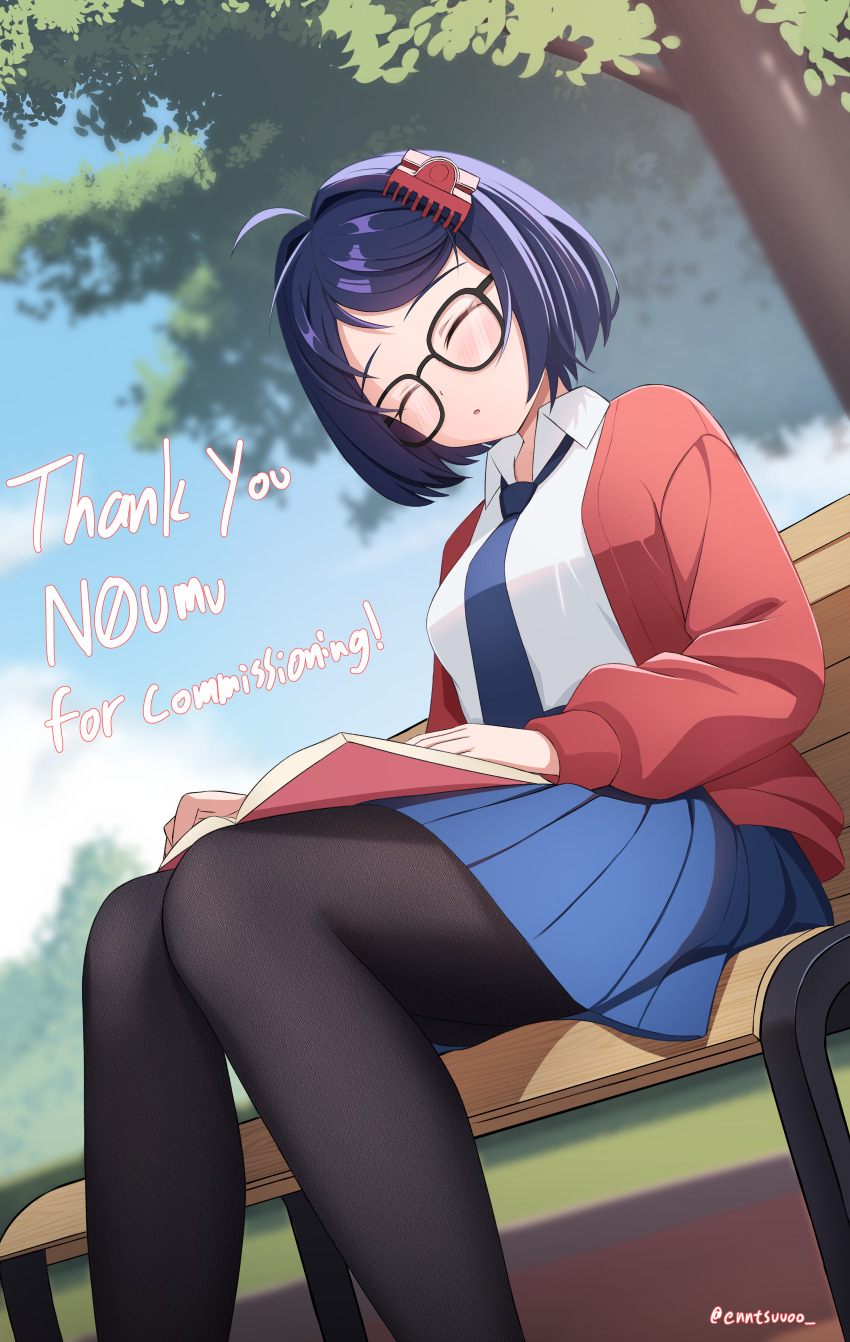 1girl absurdres ahoge artist_name bench black_pantyhose blue_hair blue_necktie blue_skirt blue_sky blush book closed_eyes commentary_request commission english_text glasses hair_ornament highres jacket mila_(miside) miside mita_(miside) n2o necktie on_bench open_book outdoors pantyhose red_jacket shirt short_hair sitting skirt sky solo tree twitter_username white_shirt