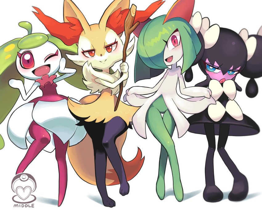 4girls ;d animal_ear_fluff animal_nose black_hair blue_eyes blush bow braixen clothes_lift colored_skin dress female_focus fox_girl full_body gashi-gashi gen_3_pokemon gen_5_pokemon gen_6_pokemon gen_7_pokemon gothic_lolita gothorita green_hair hair_over_one_eye half-closed_eyes hand_on_own_cheek hand_on_own_face hands_on_own_cheeks hands_on_own_face highres impossible_clothes kirlia lolita_fashion monster_girl multiple_girls nintendo one_eye_closed open_mouth orange_eyes pink_lips pink_skin plant_girl plant_hair pokemon pokemon_(creature) purple_legwear red_eyes simple_background skirt skirt_lift smile steenee stick twintails white_background white_bow white_skin