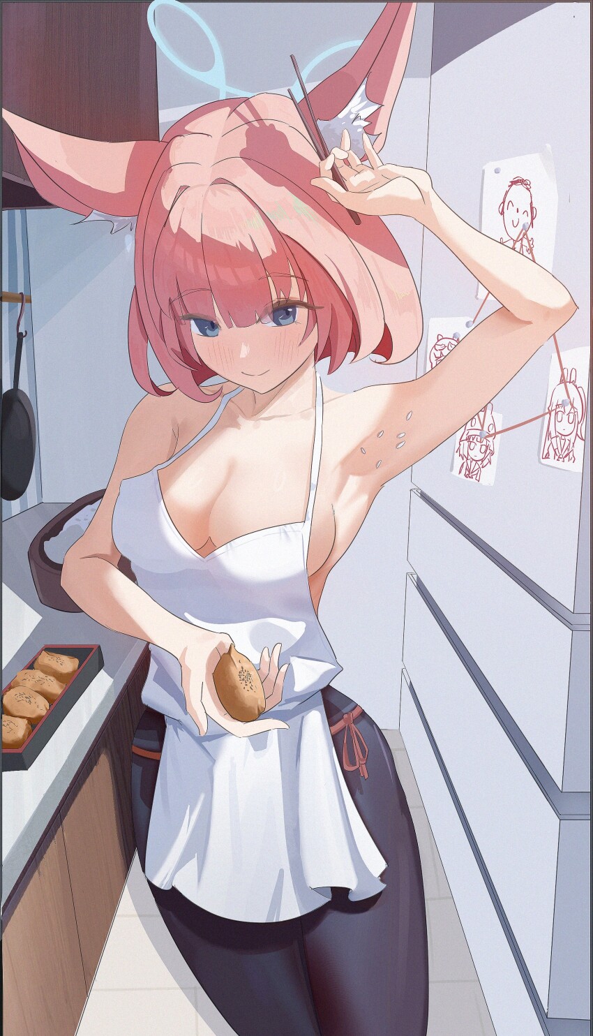 1girl absurdres animal_ear_fluff apron arm_up armpits black_pantyhose blue_archive blue_eyes blue_halo bread breasts chopsticks cleavage cowboy_shot food halo highres holding holding_chopsticks holding_food kontrol niko_(blue_archive) pantyhose pink_hair sideboob smile solo white_apron