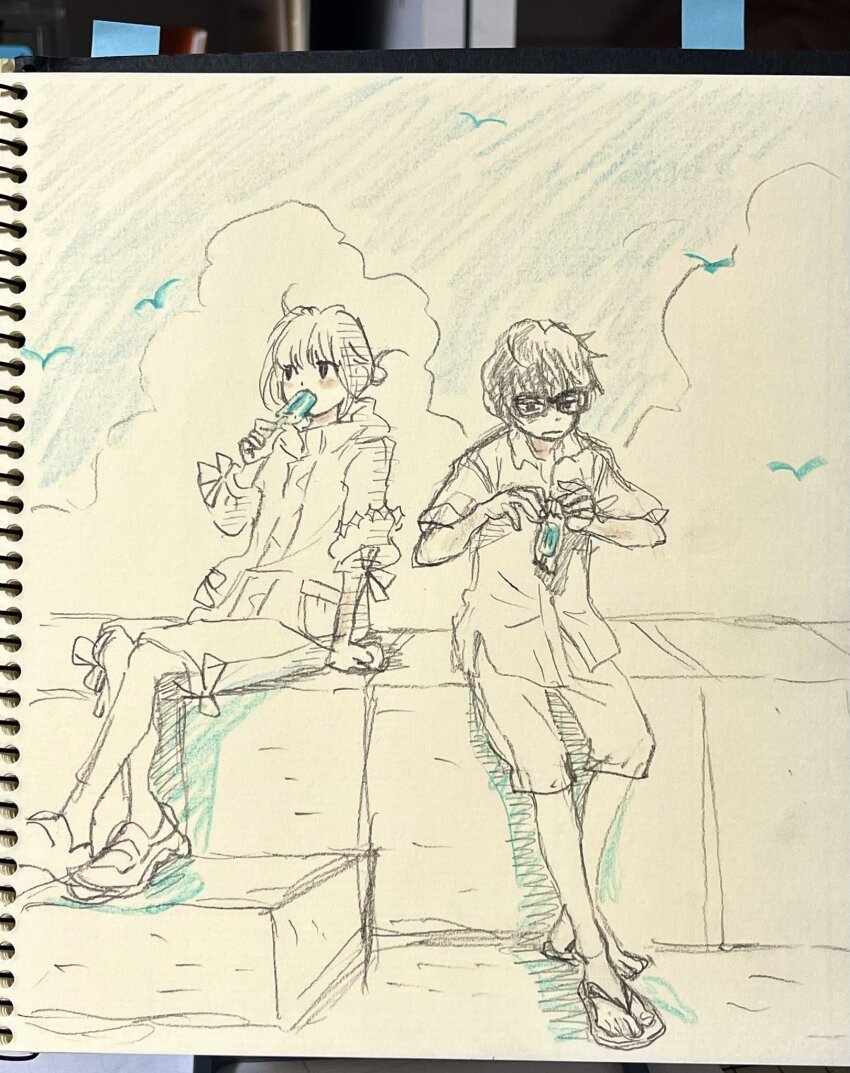 2boys collared_shirt fate/grand_order fate_(series) food food_in_mouth graphite_(medium) highres kiriyama_rei multiple_boys oberon_(fate) photo_(medium) popsicle popsicle_in_mouth sandals sangatsu_no_lion shirt shorts traditional_media umino_chika