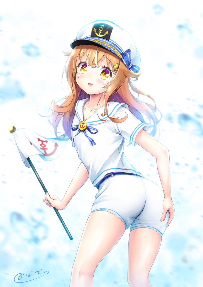 1boy ass ass_grab blush crossdressing flag from_behind hair_ornament hairclip hat highres long_hair looking_at_viewer male_focus natsusora_wakana novady open_mouth orange_eyes orange_hair sailor shiny_skin short_shorts shorts smile solo trap