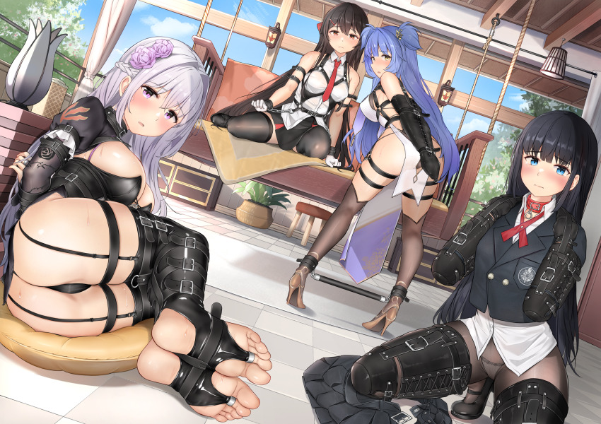 4girls ankle_cuffs armbinder arms_behind_back bdsm black_hair blue_eyes blue_hair bondage bondage_mittens bound bound_arms bound_legs breasts brown_eyes brown_hair chain collar commission cuffs epicary_radz flower gloves grey_hair hair_flower hair_ornament hairclip harness high_heels highres human_dog indoors kneeling large_breasts legbinder long_hair looking_at_viewer medium_breasts multiple_girls necktie original pantyhose pillow pixiv_commission purple_eyes red_necktie slave spreader_bar stirrup_legwear thighhighs toeless_legwear very_long_hair white_gloves yellow_eyes