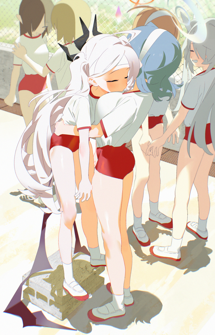 6+girls absurdres ahoge ako_(blue_archive) blue_archive blue_hair bm_tol breasts buruma chinatsu_(blue_archive) cinder_block closed_mouth demon_girl demon_horns demon_wings full_body gym_shirt gym_uniform hairband halo highres hina_(blue_archive) horns iori_(blue_archive) large_breasts leaning_on_person long_hair multiple_girls outdoors red_buruma shirt shoes very_long_hair white_hair white_shirt wings