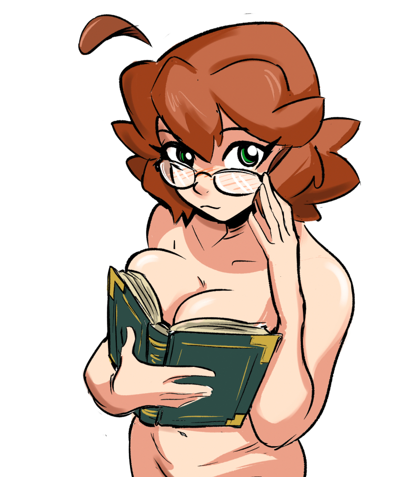 1girl adjusting_eyewear ahoge boobs_in_book_(meme) book book_on_breasts breasts collarbone commentary completely_nude eclair_(spicymancer) english_commentary glasses green_eyes highres holding holding_book large_breasts looking_at_viewer meme navel nude original short_hair simple_background solo spicymancer white_background