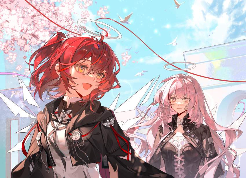 2girls :d absurdres animal arknights bird black_jacket cherry_blossoms chinese_commentary closed_mouth collared_jacket commentary_request day detached_wings dove earrings exusiai_(arknights) exusiai_the_new_covenant_(arknights) flower hair_between_eyes halo highres jacket jewelry lemuen_(arknights) lens_flare long_hair looking_at_another medium_hair multiple_girls one_side_up open_mouth outdoors pink_flower pink_hair red_hair red_ribbon ribbon shenbeining79537 smile traditional_halo turning_head upper_body white_bird white_halo wings yellow_eyes