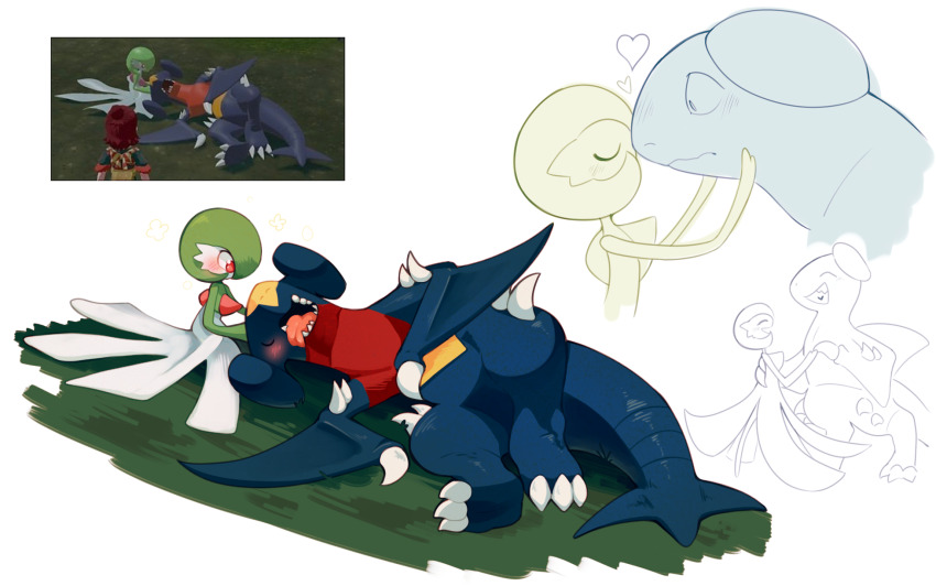 blush bob_cut claws clem_(calmeremerald) closed_eyes colored_skin dancing dragon dress fangs game_screenshot_inset garchomp gardevoir gen_3_pokemon gen_4_pokemon grass green_hair green_skin heart highres holding_hands kiss lying multicolored_skin multiple_views nintendo on_grass pink_eyes pokemon pokemon_(creature) pokemon_legends:_arceus reference_inset tongue tongue_out two-tone_skin white_dress white_skin
