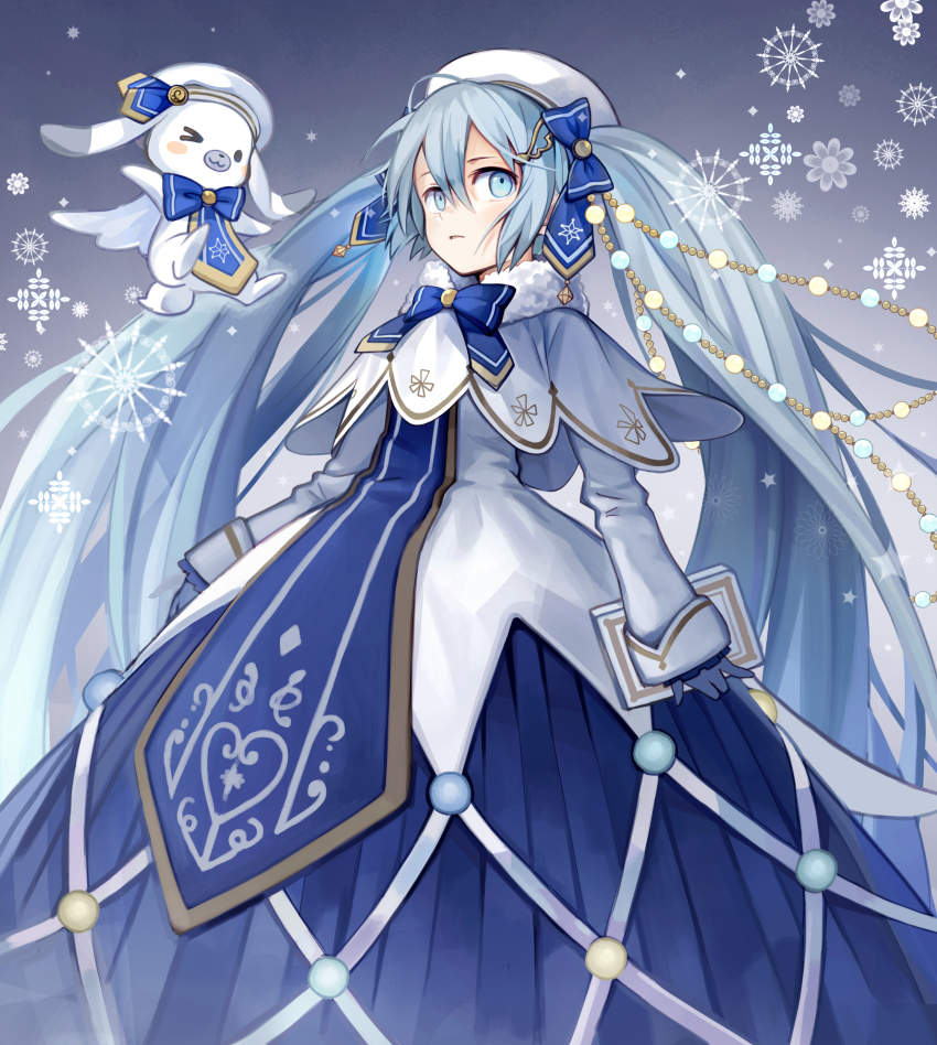 &gt;_o 1girl absurdres beret blue_bow blue_bowtie blue_eyes blue_gloves blue_hair blue_skirt blue_tabard book bow bowtie capelet commentary dress fortissimo gloves gold_trim hair_bow hair_ornament hat hatsune_miku highres holding holding_book hoop_skirt kari_kenji light_blue_hair long_hair musical_note musical_note_hair_ornament one_eye_closed rabbit_yukine sideways_glance skirt snowflake_print snowflakes solo standing string_of_light_bulbs tabard twintails very_long_hair vocaloid white_capelet white_dress white_hat yuki_miku yuki_miku_(2021)