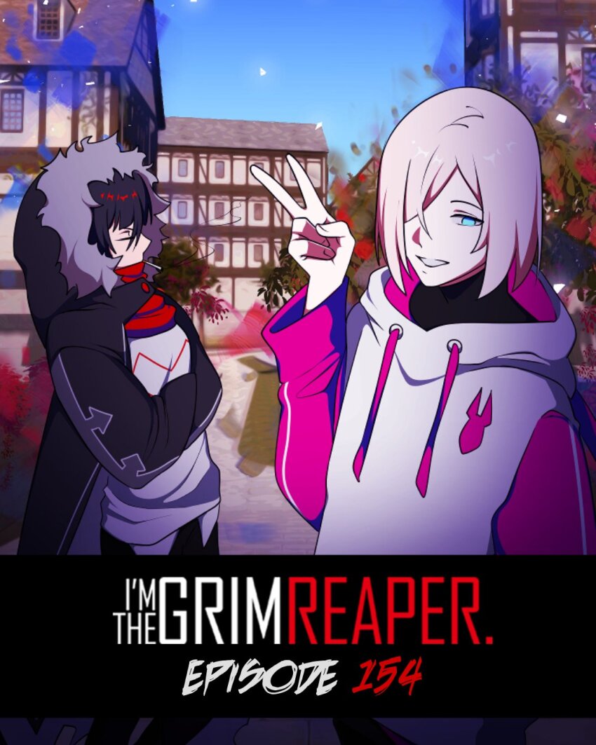 1boy 1girl black_coat black_hair blonde_hair blue_eyes bob_cut brook_(i&#039;m_the_grim_reaper) coat commentary crossed_arms day english_commentary english_text fur-trimmed_hood fur_trim graveweaver grin hair_between_eyes hair_over_one_eye hand_up highres hood hood_down i&#039;m_the_grim_reaper light_particles official_art outdoors promotional_art red_scarf scarf scarlet_(i&#039;m_the_grim_reaper) shirt short_hair smile two-tone_hoodie upper_body v village white_shirt