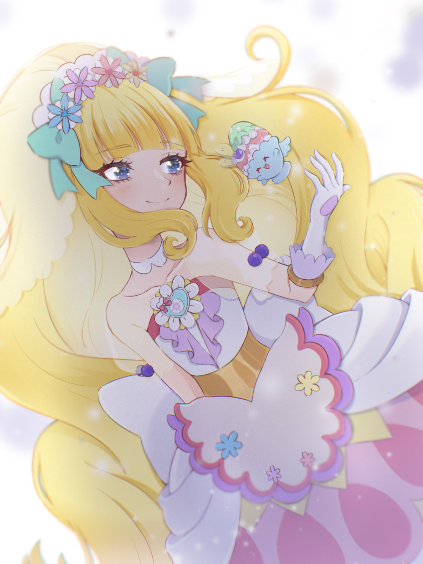 1girl bare_shoulders blonde_hair blue_eyes blush brooch choker closed_mouth cure_finale delicious_party_precure dress fairy gloves heart heart_brooch highres jewelry kasai_amane long_hair magical_girl multicolored_dress parfait_recipipi precure recipipi shigen_pr solo strapless strapless_dress white_choker white_gloves