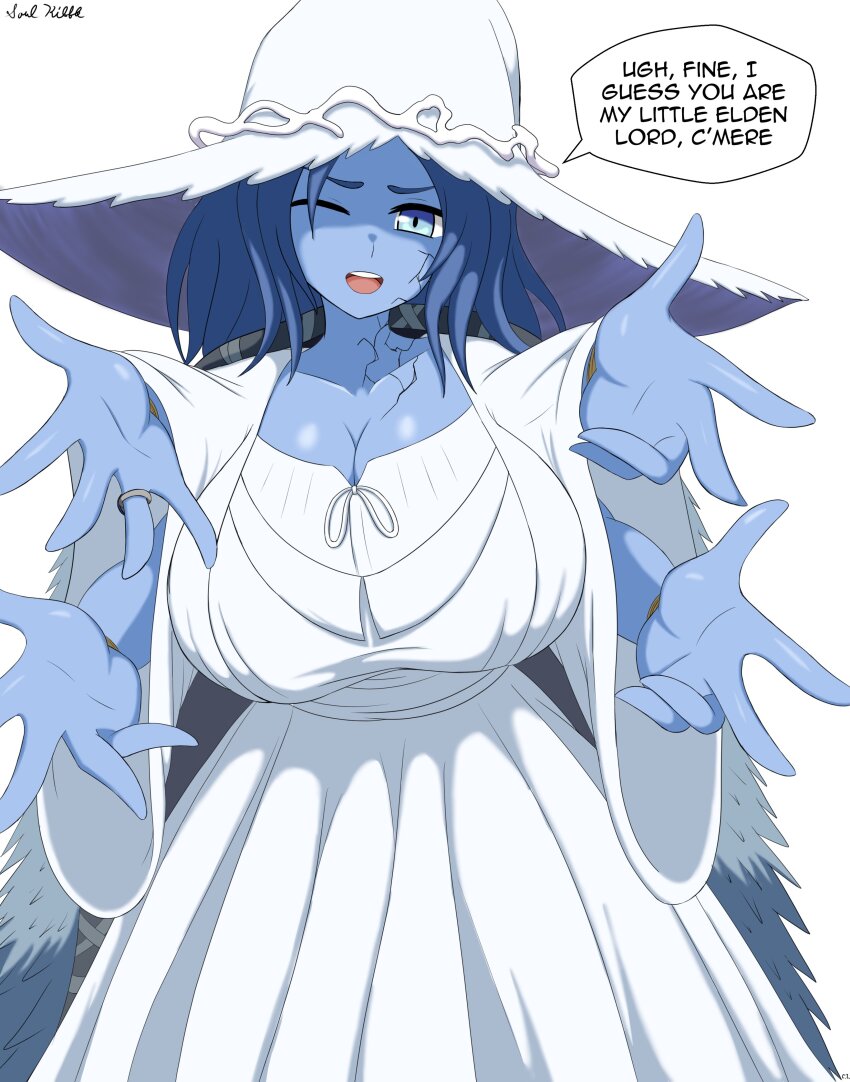 1girl absurdres blue_eyes blue_hair blue_skin breasts cleavage colored_skin cracked_skin elden_ring extra_arms female_focus hat highres huge_breasts jewelry long_hair looking_at_viewer matching_hair/eyes one_eye_closed pogchamp_(meme) ranni_the_witch ring solo soulkibble speech_bubble witch_hat