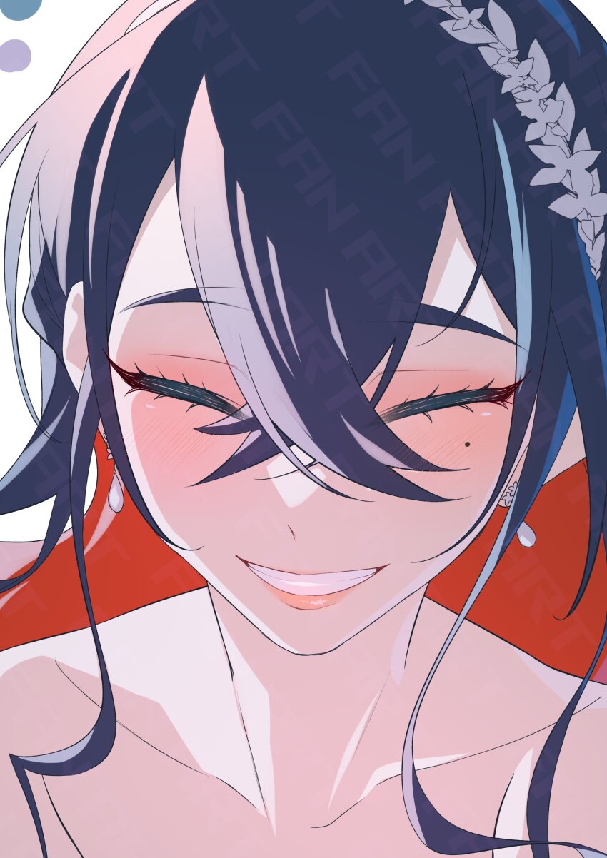 1girl absurdres black_hair blush carmine_(pokemon) collarbone colored_inner_hair crossed_bangs earrings eyelashes facing_viewer hair_between_eyes highres jewelry mole mole_under_eye multicolored_hair nintendo pokemon pokemon_sv red_hair saotome_(neptune_0416) smile solo teeth two-tone_hair upper_body