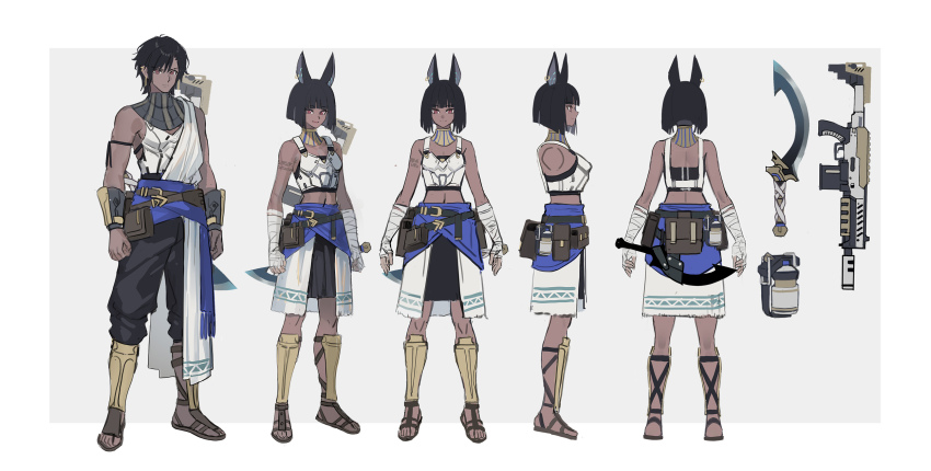 1boy 1girl ancient_egyptian animal_ears arm_guards arm_wrap armor assault_rifle belt_pouch black_hair black_pants black_skirt bob_cut breastplate dark-skinned_female dark-skinned_male dark_skin earrings echj explosive from_behind from_side grenade gun highres jewelry khopesh multiple_views original pants pouch red_eyes rifle sandals shin_guards short_hair skirt straight-on weapon