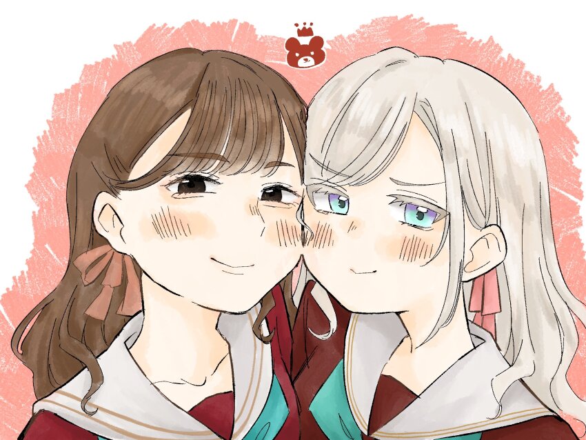 2girls animification aqua_neckerchief blue_eyes blush brown_dress brown_eyes brown_hair brown_ribbon ceras_yanagida_lilienfeld character_logo cheek-to-cheek collarbone commentary_request dress grey_hair hair_ribbon hasu_no_sora_school_uniform heads_together highres link!_like!_love_live! love_live! miyake_miu multiple_girls neckerchief panda_no_gohan pink_background pink_ribbon portrait real_life ribbon sailor_collar sailor_dress school_uniform simple_background virtual_youtuber voice_actor voice_actor_connection white_sailor_collar winter_uniform