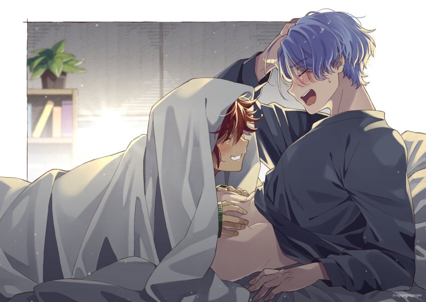 2boys bed blanket blue_hair closed_eyes grey_shirt hasegawa_langa highres kyan_reki long_sleeves male_focus midriff multiple_boys navel open_mouth red_hair shirt short_hair sk8_the_infinity smile stomach teeth uppi yaoi