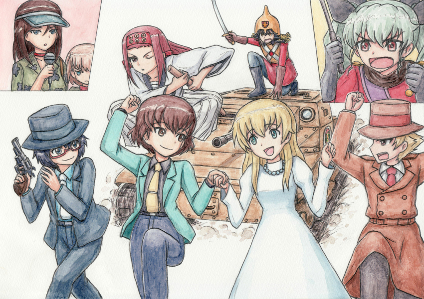 10s 6+girls anchovy_(girls_und_panzer) announcer aqua_eyes aqua_hair arms_up arsene_lupin_iii arsene_lupin_iii_(cosplay) blonde_hair bow bowler_hat brown_eyes brown_hair caesar_(girls_und_panzer) carpaccio_(girls_und_panzer) carro_veloce_cv-33 castle_of_cagliostro chasing clarisse_de_cagliostro clarisse_de_cagliostro_(cosplay) coat collarbone cosplay count_lazare_d&#039;cagliostro count_lazare_d&#039;cagliostro_(cosplay) count_lazare_de_cagliostro count_lazare_de_cagliostro_(cosplay) dress erwin_(girls_und_panzer) girls_und_panzer glasses gloves graphite_(medium) green_eyes green_jacket gun gustav_(cagliostro) gustav_(cagliostro)_(cosplay) hair_bow hakama hakama_skirt handgun hat headband helmet holding holding_hands holding_riding_crop ishikawa_goemon_xiii ishikawa_goemon_xiii_(cosplay) jacket japanese_clothes jewelry jigen_daisuke jigen_daisuke_(cosplay) katana katyusha_(girls_und_panzer) kneeling long_hair looking_at_another lupin_iii microphone military military_vehicle motor_vehicle multiple_girls necklace necktie nonna_(girls_und_panzer) omachi_(pixiv) omachi_(slabco) open_mouth oryou_(girls_und_panzer) painting_(medium) parody pepperoni_(girls_und_panzer) red_eyes red_hair revolver riding riding_crop running saemonza_(girls_und_panzer) sarashi short_hair simple_background skirt smile studio_ghibli sword tank traditional_media trench_coat twintails vehicle visor_cap watercolor_(medium) weapon white_background white_dress yellow_necktie zenigata_kouichi zenigata_kouichi_(cosplay)
