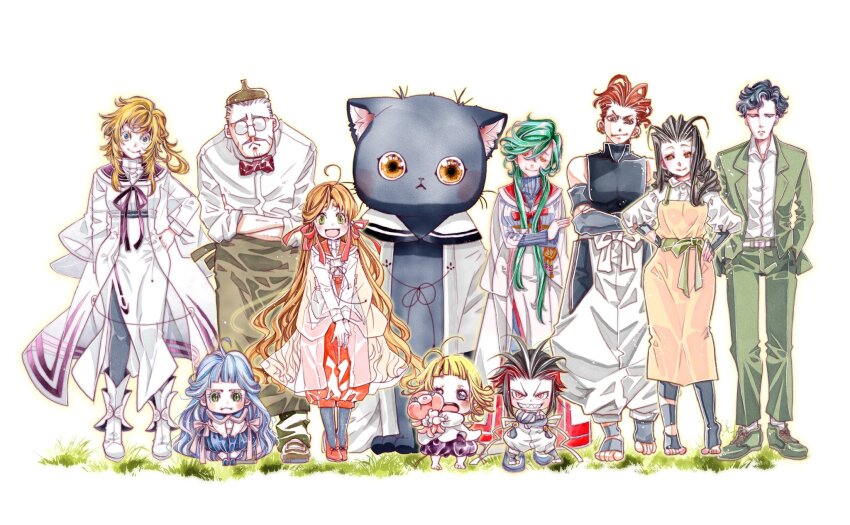 4boys 6+girls :d aka_(colori_colore_creare) amano_kozue antenna_hair apron aqua_hair barefoot black_hair blonde_hair blue_eyes blue_hair blue_shoes blunt_bangs blush boots brown_eyes brown_hat cat character_request child closed_mouth colori_colore_creare commentary_request crossed_arms facial_hair full_body grass green_eyes green_jacket green_pants hair_ribbon hand_in_pocket hands_on_own_hips hat highres jacket kurocha_(colori_colore_creare) leaning_forward long_hair looking_at_viewer multicolored_hair multiple_boys multiple_girls mustache no_shoes official_art open_mouth orange_hair pants puffy_shorts purple_ribbon red_eyes red_hair red_ribbon red_shoes ribbon sailor_collar sharp_teeth shoes short_hair shorts side_slit sidelocks simple_background sleeveless smile standing streaked_hair stuffed_animal stuffed_toy suit_jacket teeth v-shaped_eyebrows very_long_hair white_background white_boots yellow_apron