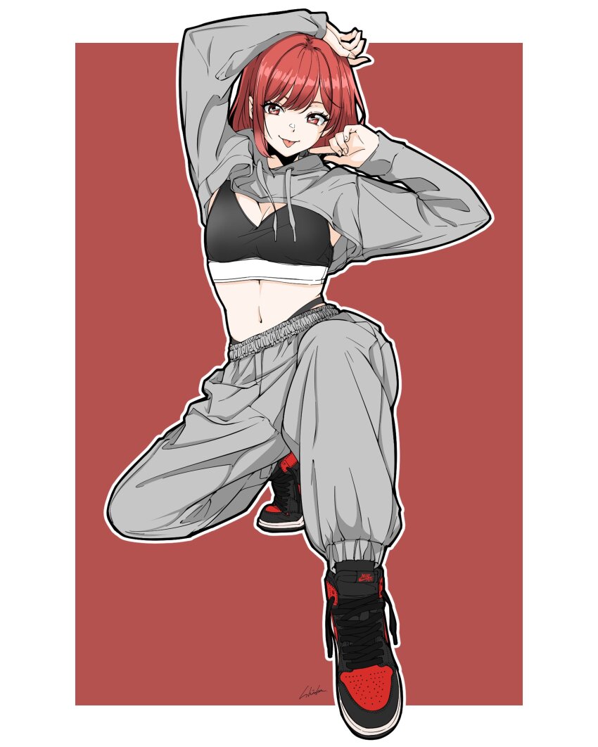 1girl absurdres arm_up bambi_surprise black_shoes breasts closed_mouth commentary cropped_hoodie full_body grey_hoodie grey_pants highres hood hoodie inset_border looking_at_viewer medium_hair midriff multicolored_shoes navel on_one_knee original pants red_background red_eyes red_hair red_shoes shoes simple_background smile sneakers solo sports_bra symbol-only_commentary tongue tongue_out two-tone_background two-tone_shoes white_background