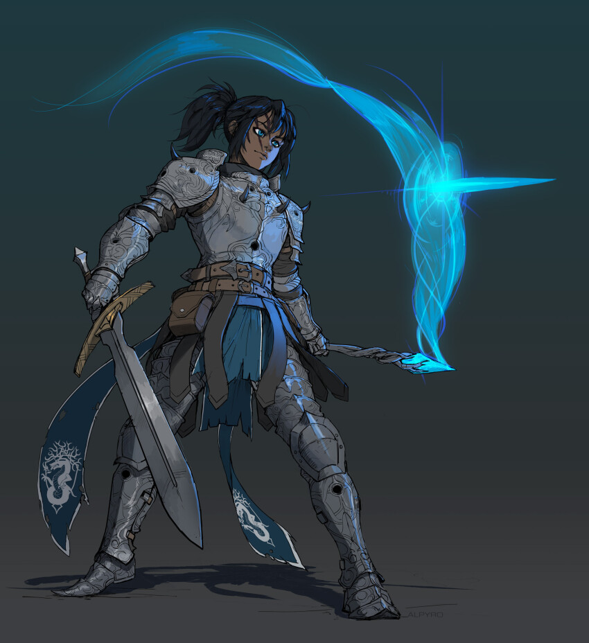 1girl alpyro armor artist_name belt belt_buckle belt_pouch black_hair blue_eyes brown_belt buckle casting_spell commentary cuirass cuisses dark-skinned_female dark_skin dragon_print elden_ring english_commentary full_body gauntlets gradient_background greaves grey_background high_ponytail highres holding holding_sword holding_wand holding_weapon legs_apart magic pauldrons poleyn ponytail pouch rerebrace sabaton scar scar_on_face shadow short_hair shoulder_armor shoulder_spikes solo spiked_armor spiked_pauldrons spikes standing sword tarnished_(elden_ring) wand weapon