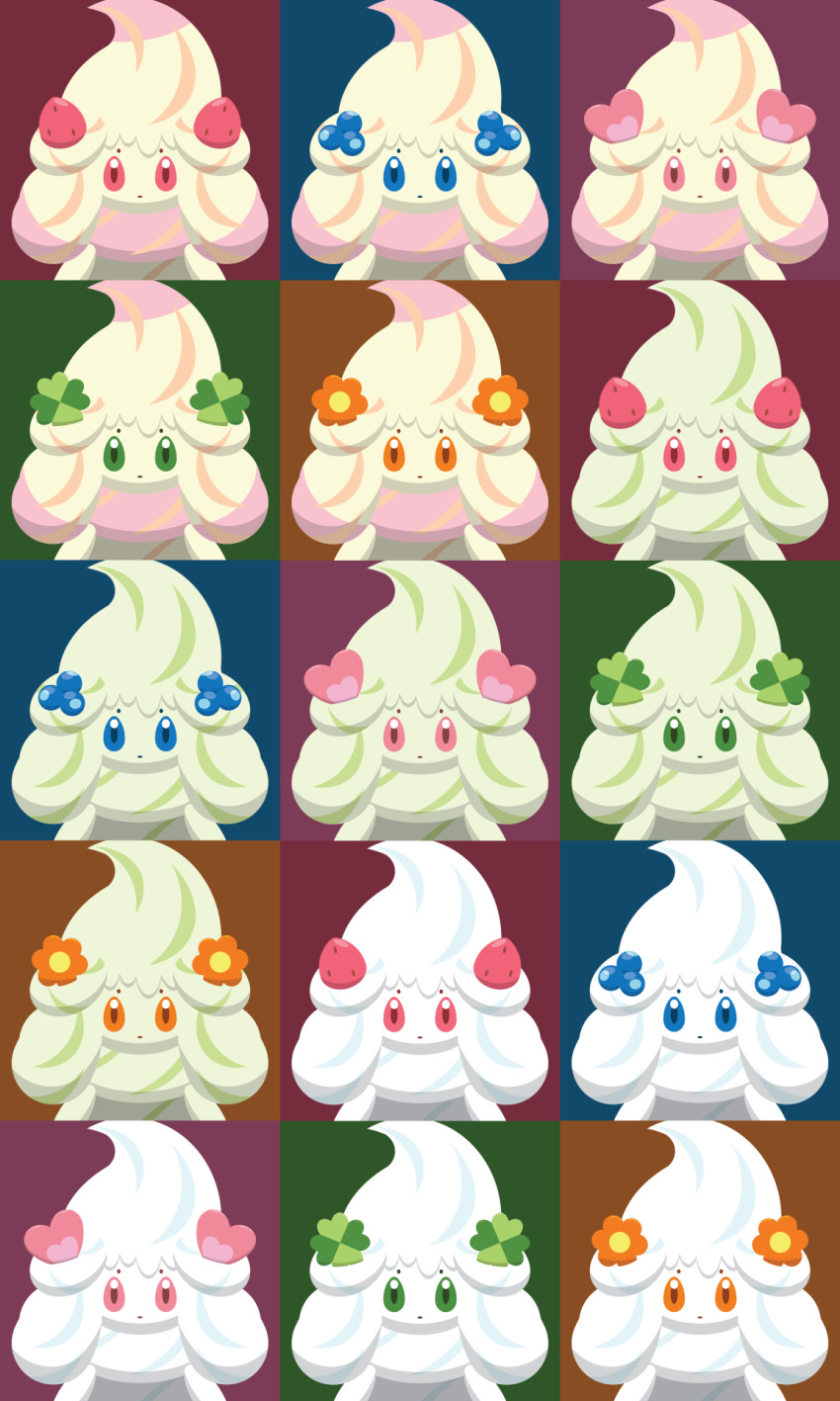 alcremie alcremie_(berry_sweet) alcremie_(clover_sweet) alcremie_(flower_sweet) alcremie_(love_sweet) alcremie_(matcha_cream) alcremie_(ruby_swirl) alcremie_(salted_cream) alcremie_(strawberry_sweet) blue_eyes creature expressionless flower food fruit gen_8_pokemon green_eyes heart highres looking_at_viewer multicolored_background nintendo no_humans orange_eyes pink_eyes pokemon pokemon_(creature) shawn_flowers strawberry