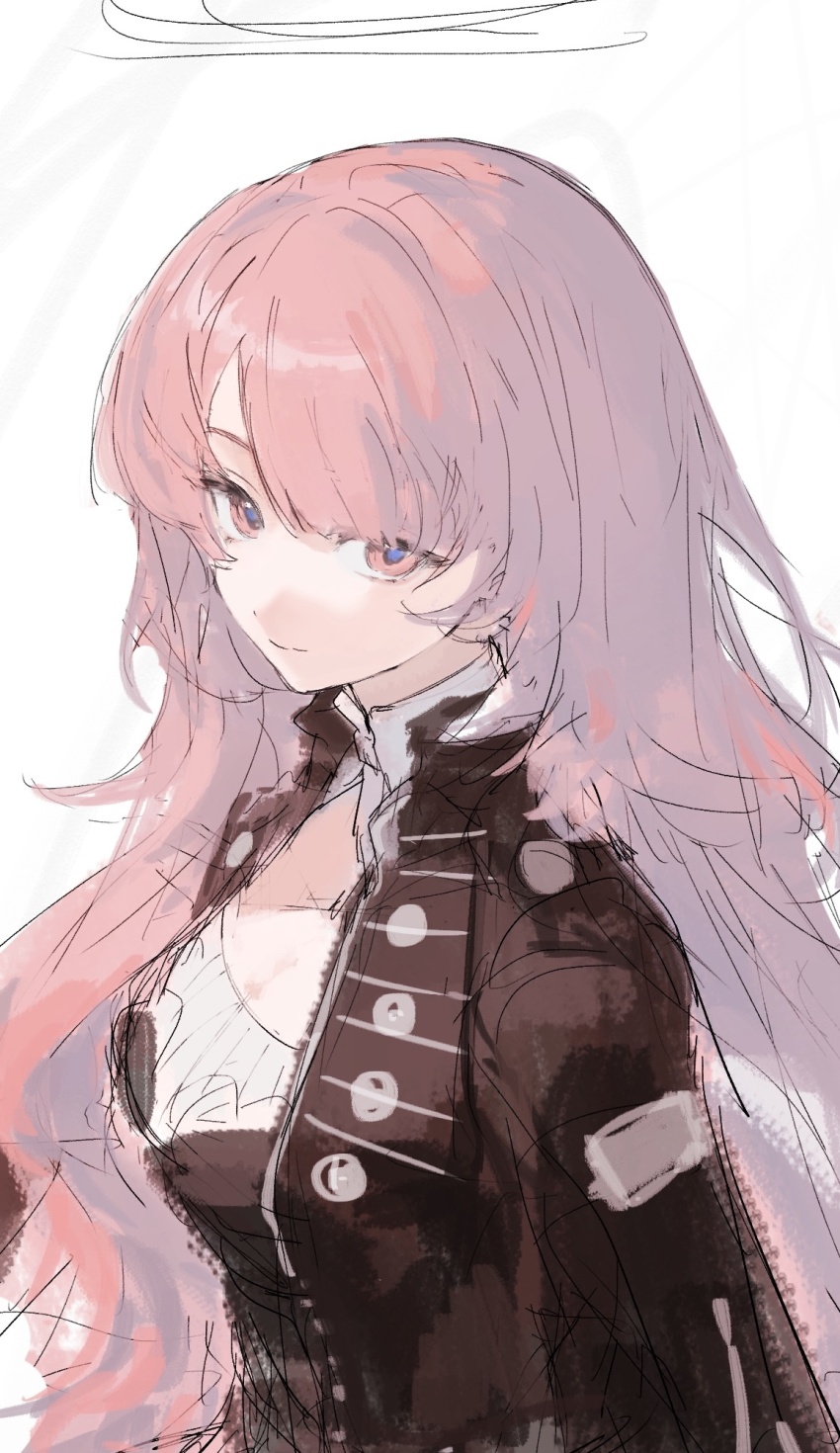 1girl arknights black_jacket breasts closed_mouth highres jacket koba_(jdhikdjdkfiwufh) lemuen_(arknights) long_hair looking_at_viewer medium_breasts pink_eyes pink_hair simple_background smile solo upper_body white_background