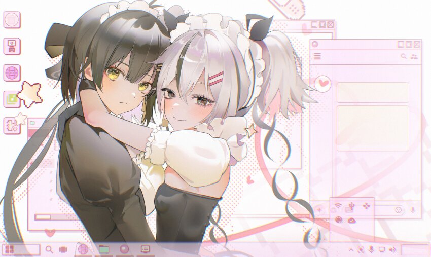 2girls absurdres alternate_costume black_eyes black_hair black_ribbon camellya_(wuthering_waves) closed_mouth commentary desktop_(computing) female_rover_(wuthering_waves) from_side hair_between_eyes hair_ornament hair_ribbon hair_vines hairclip highres kkokoma long_hair looking_at_viewer maid_headdress multiple_girls ribbon rover_(wuthering_waves) smile symbol-only_commentary upper_body white_hair wuthering_waves yellow_eyes