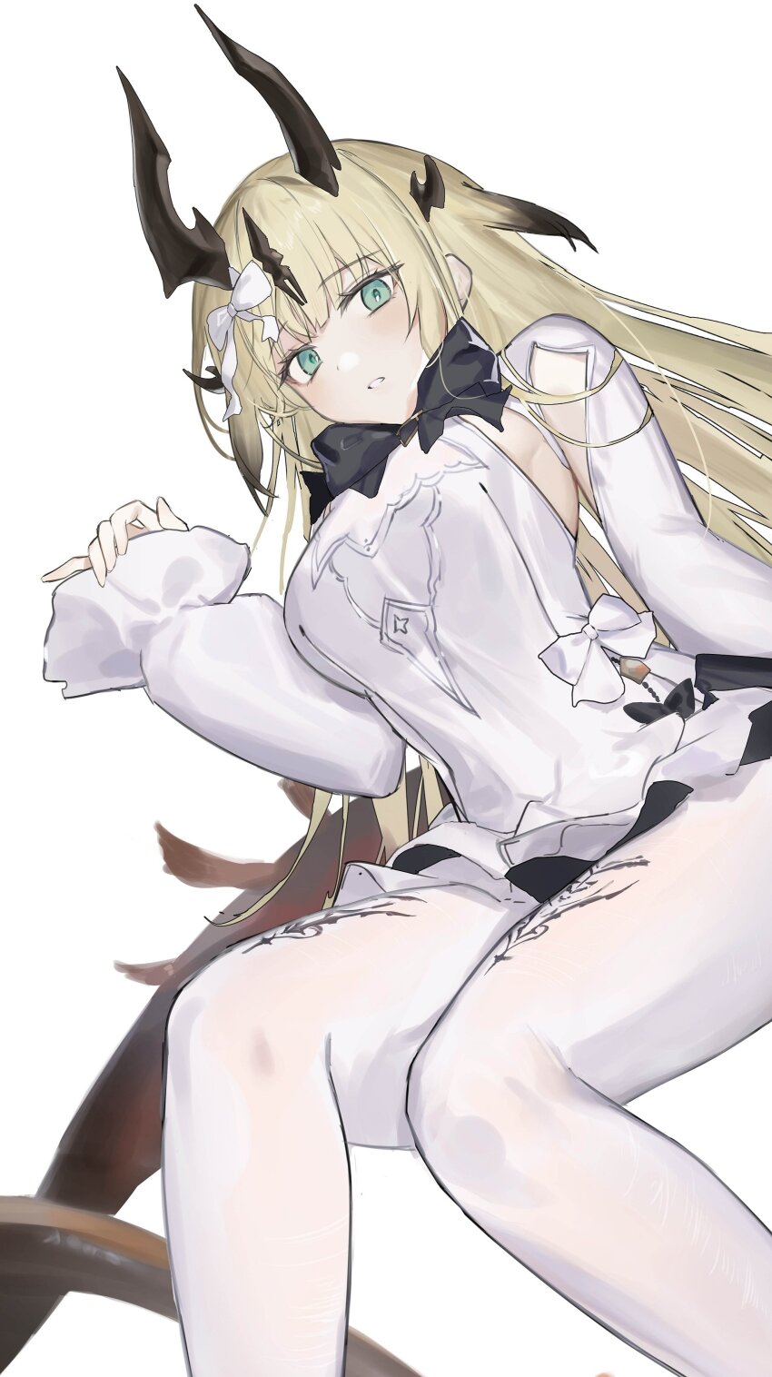 1girl 2naom8q6gt87292 absurdres arknights black_horns blonde_hair bow breasts brown_tail clothing_cutout commentary dress feet_out_of_frame green_eyes highres horns long_hair looking_at_viewer lying medium_breasts microdress on_side pantyhose parted_lips reed_(arknights) simple_background sleeves_past_wrists solo tail white_background white_bow white_dress white_pantyhose