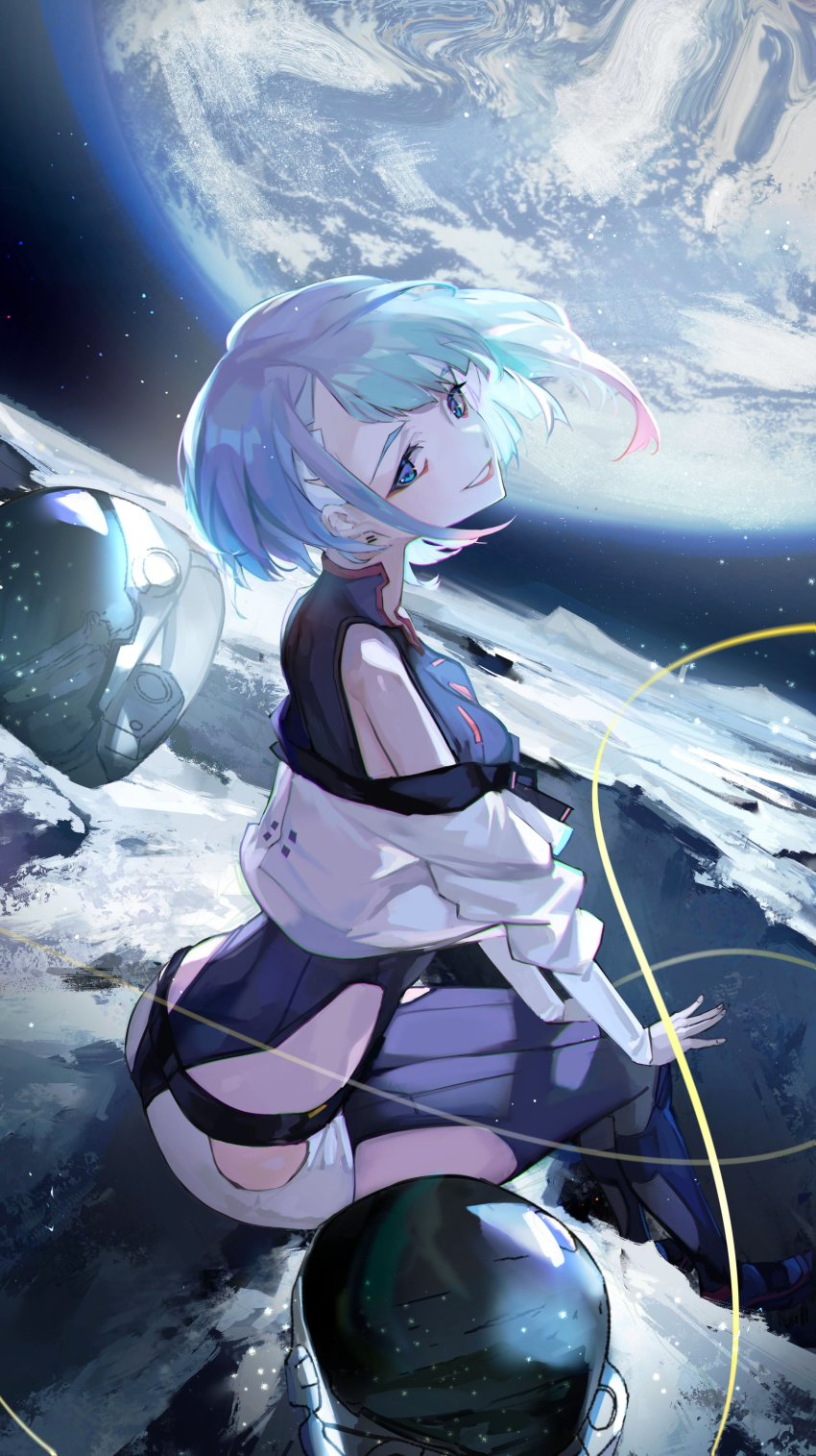 1girl absurdres blue_eyes cyberpunk_(series) cyberpunk_edgerunners floating_hair from_side glance grin helmet highres jacket leotard lucy_(cyberpunk) off_shoulder on_moon saitogiulio short_hair sitting smile solo space space_helmet white_hair