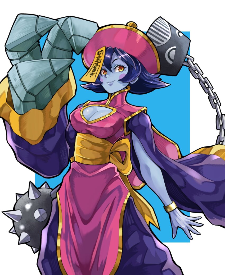 1girl ball_and_chain_(weapon) blue_skin breasts chinese_clothes claw_(weapon) cleavage cleavage_cutout clothing_cutout colored_skin darkstalkers flipped_hair hat highres hsien-ko jiangshi long_sleeves ofuda orange_eyes purple_hair qingdai_guanmao sash short_hair solo to-ru weapon wide_sleeves yellow_sash