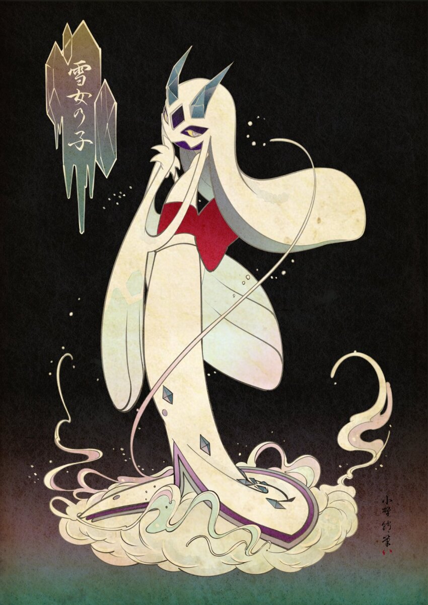 arm_up back_bow blue_eyes bow colored_sclera commentary_request froslass full_body gen_4_pokemon highres horns ice mega_froslass mega_pokemon nintendo ono_tako pokemon pokemon_(creature) pokemon_focus red_bow yellow_sclera