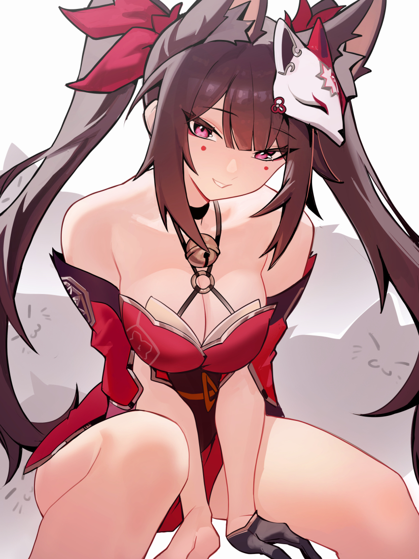 1girl alt_text alternate_breast_size animal_ears bare_shoulders bell black_gloves breasts brown_hair cleavage commentary distr dress fox_ears fox_mask fox_tail gloves highres honkai:_star_rail honkai_(series) japanese_clothes large_breasts long_hair mask mask_on_head neck_bell parted_lips purple_eyes red_dress single_glove smile solo sparkle_(honkai:_star_rail) tail thighs twintails white_background