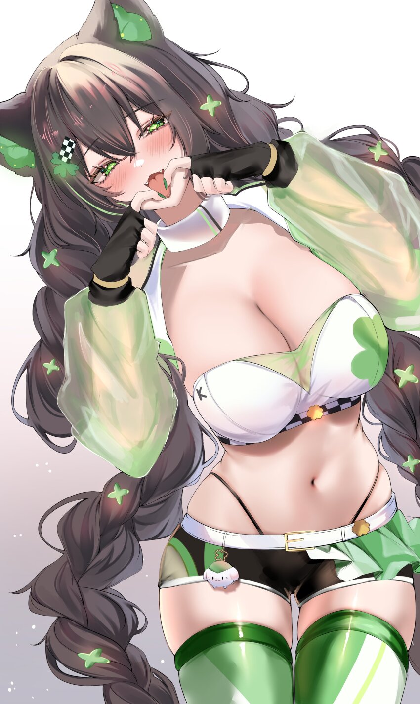 1girl absurdres acedia animal_ears belt black_gloves black_hair black_shorts blush braid breasts cat_ears checkered_clothes checkered_hair_ornament choker cleavage clover commentary cowboy_shot crop_top fangs finger_to_tongue fingerless_gloves four-leaf_clover gloves green_eyes green_thighhighs hair_ornament hairclip hands_up highleg highres indie_virtual_youtuber kitsunya_(vtuber) large_breasts long_hair long_sleeves looking_at_viewer midriff navel open_mouth panty_straps puffy_long_sleeves puffy_sleeves race_queen second-party_source see-through_clothes see-through_sleeves shirt short_shorts shorts simple_background skindentation skort smile solo stomach symbol-shaped_pupils thighhighs tongue tongue_out twin_braids twintails very_long_hair virtual_youtuber white_background white_choker white_shirt