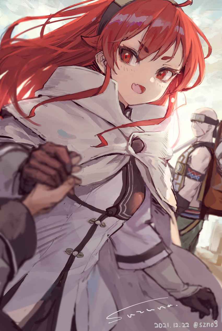 1girl 2boys :d backpack bag black_gloves black_skirt cape dutch_angle eris_greyrat fang gloves green_pants hand_grab highres jacket long_hair long_sleeves multiple_boys mushoku_tensei open_mouth pants red_eyes red_hair ruijerd_superdia short_eyebrows skirt smile solo_focus suzuno_(bookshelf) thick_eyebrows white_cape white_jacket