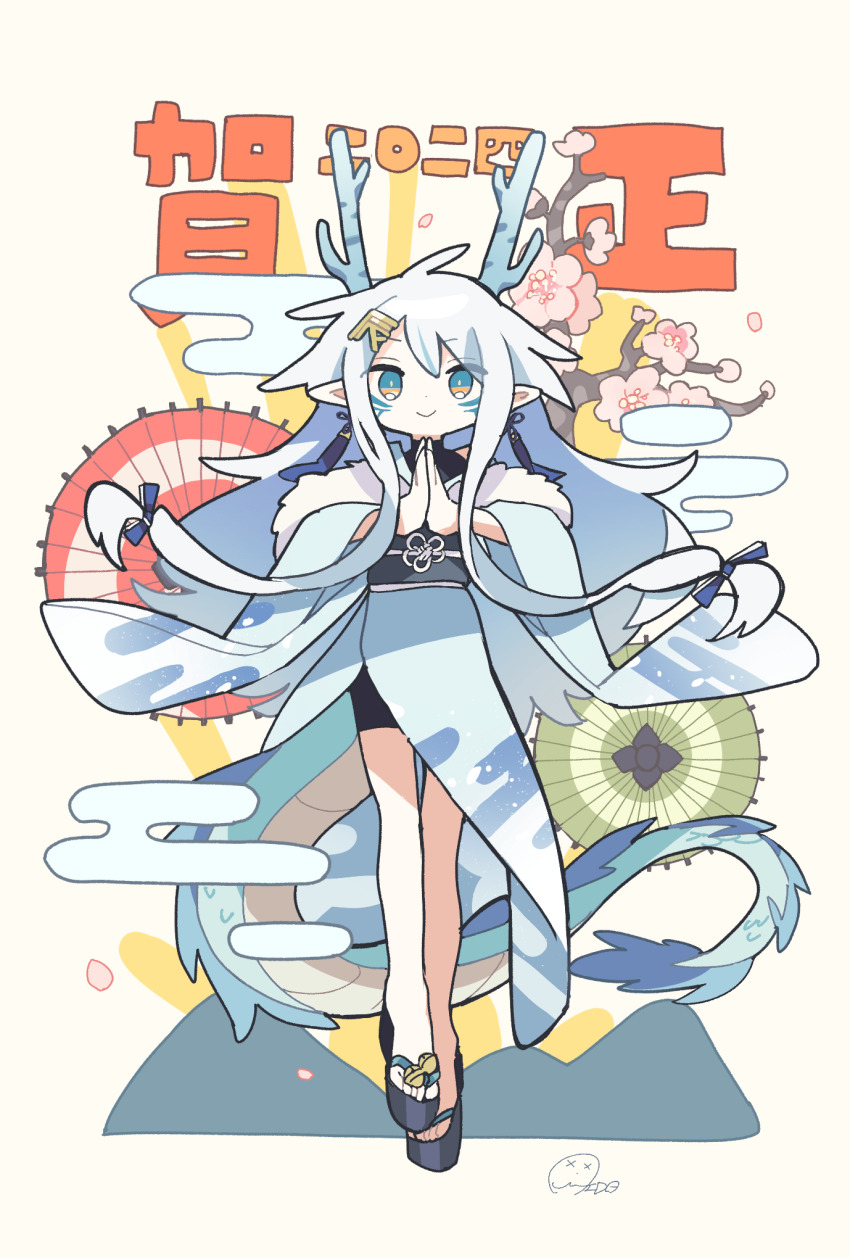 1girl 2024 ahoge aida_(aidia) aqua_eyes bare_legs bike_shorts blue_bow blue_kimono bow chinese_zodiac closed_mouth commentary_request dragon_girl dragon_horns dragon_tail earrings egasumi facial_mark falling_petals flower flower_knot full_body fur-trimmed_collar fur_trim green_umbrella grey_hair hair_bow hair_ornament hands_up happy_new_year highres horns japanese_clothes jewelry kanji_hair_ornament kimono long_hair looking_at_viewer mountain nengajou new_year obi obijime oil-paper_umbrella okobo original own_hands_together palms_together petals platform_sandals plum_blossoms pointy_ears red_umbrella sandals sash sidelocks signature smile solo sun tail tassel tassel_earrings translation_request umbrella wide_sleeves year_of_the_dragon