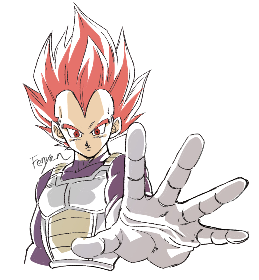 1boy armor artist_name black_bodysuit bodysuit dragon_ball dragon_ball_super dragon_ball_super_broly fenyon gloves highres male_focus medium_hair red_eyes red_hair saiyan_armor simple_background solo spiked_hair super_saiyan super_saiyan_god upper_body vegeta white_armor white_background white_gloves