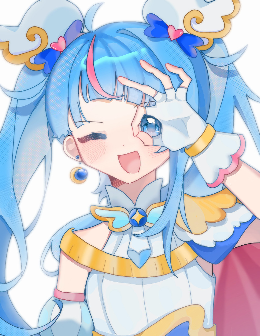 1girl absurdres ahoge asymmetrical_bangs blue_bow blue_cape blue_corset blue_eyes blue_hair blunt_bangs blush_stickers bow bracelet cape collared_shirt commentary corset crescent crescent_earrings cure_sky detached_sleeves dot_nose earrings epaulettes eyelashes fingerless_gloves gloves gold_bracelet hair_bow hair_ornament halftone halter_shirt halterneck happy heart heart_hair_ornament high_collar highres hirogaru_sky!_precure jewelry long_hair loose_hair_strand magical_girl multicolored_hair ok_sign ok_sign_over_eye one_eye_closed open_mouth pink_hair precure puffy_short_sleeves puffy_sleeves qianwa_shi_biao red_cape shirt short_sleeves side_cape simple_background single_bare_shoulder single_epaulette single_sidelock smile solo sora_harewataru streaked_hair twintails two-sided_cape two-sided_fabric two-tone_hair upper_body vertical-striped_sleeves very_long_hair white_background white_gloves white_shirt white_sleeves wing_hair_ornament
