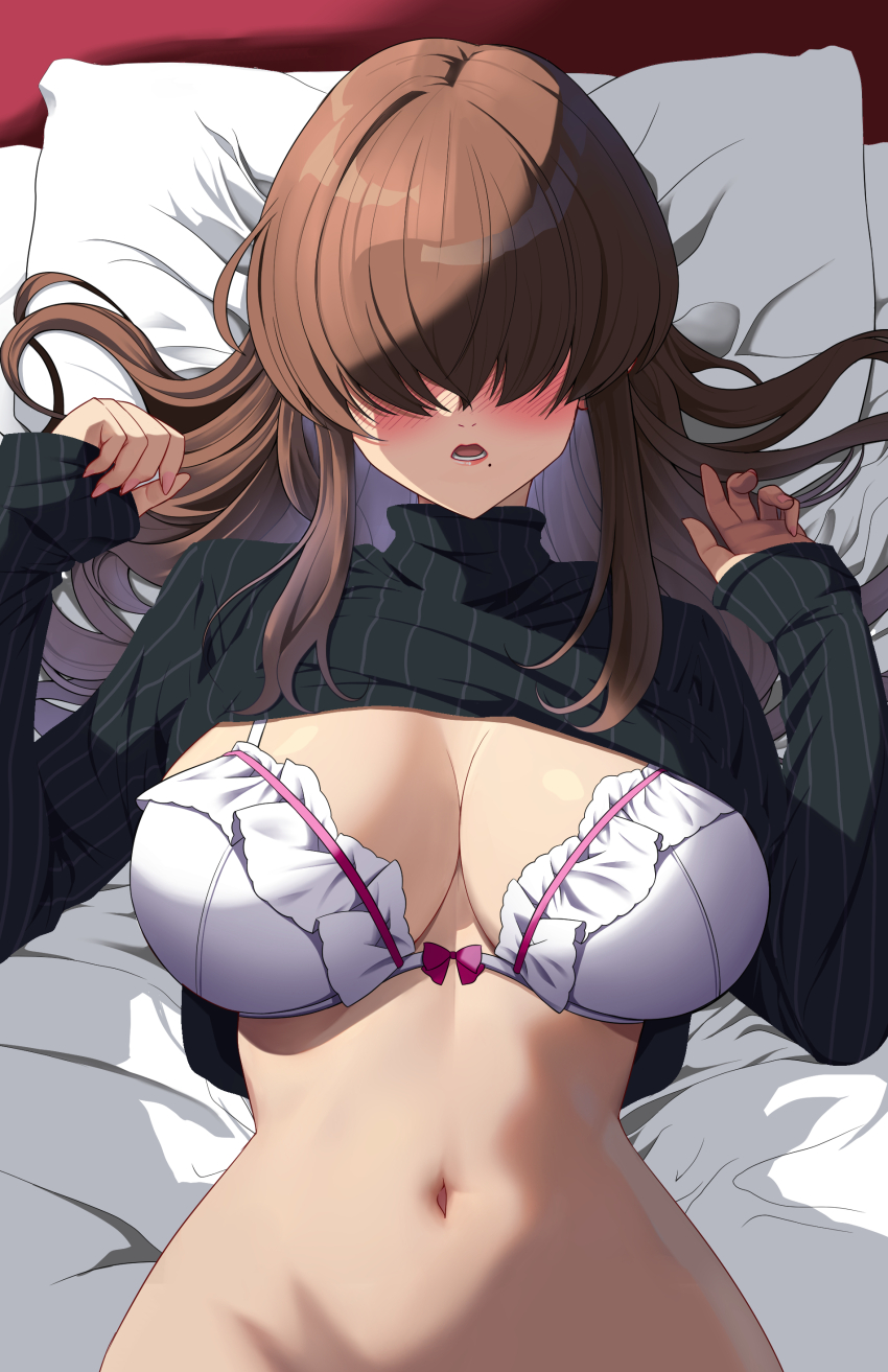 1girl absurdres akihiro0920 bed_sheet black_sweater blush bra breasts brown_hair cleavage commentary_request frilled_bra frills gradient_hair hair_over_eyes highres indoors kakure_meme kimi_no_koto_ga_dai_dai_dai_dai_daisuki_na_100-nin_no_kanojo large_breasts long_hair long_sleeves lower_teeth_only lying mole mole_under_eye multicolored_hair navel on_back on_bed pillow purple_bra purple_hair sidelocks solo sweater teeth turtleneck turtleneck_sweater two-tone_hair underwear wide_hips