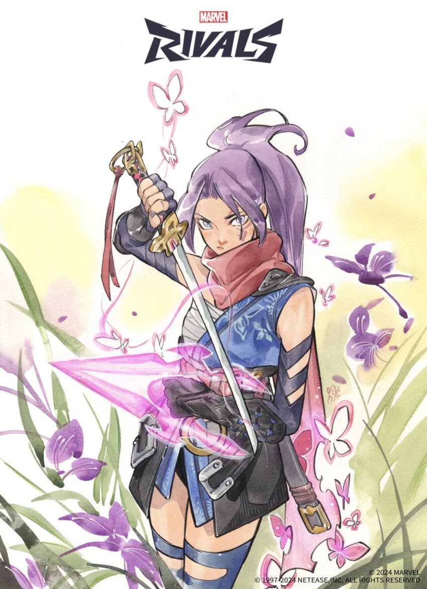 1girl armor black_skirt blue_eyes blue_kimono blue_thighhighs bug butterfly chest_sarashi commentary_request dual_wielding elbow_gloves energy_blade english_text facial_tattoo fingerless_gloves fingernails gloves highres holding holding_sword holding_weapon insect japanese_armor japanese_clothes kimono kote looking_at_viewer marvel marvel_rivals ninja ninjatou obi official_art peach_momoko ponytail psylocke psylocke_(sai) purple_gloves purple_hair purple_nails red_scarf sarashi sash scabbard scarf sheath short_sword skirt solo sword tattoo thighhighs weapon
