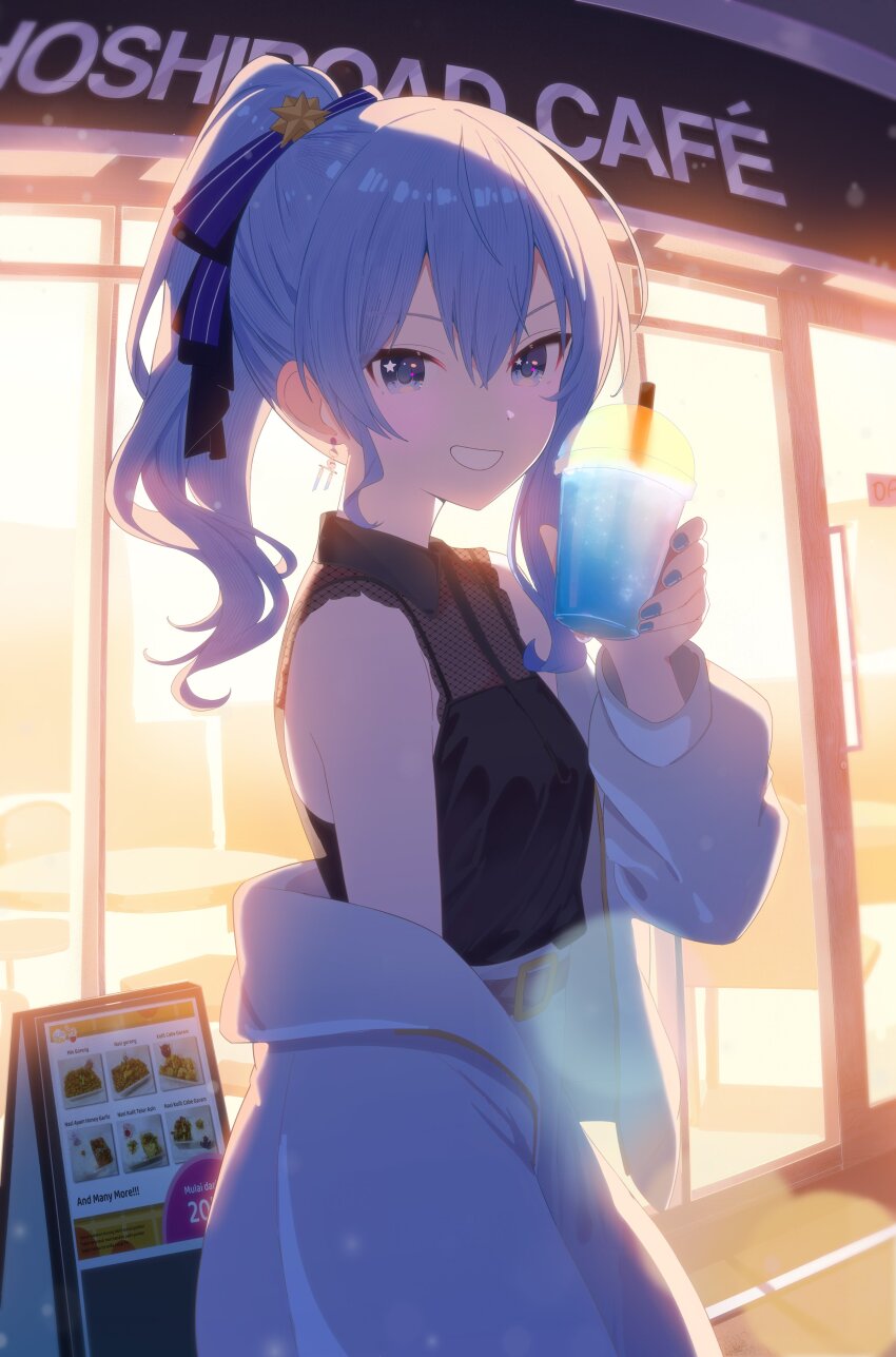 1girl :d absurdres asymmetrical_sidelocks black_shirt blue_eyes blue_hair breasts collared_shirt cup deozt double-parted_bangs earrings grin hair_between_eyes hashtag-only_commentary high_ponytail highres holding holding_cup hololive hoshimachi_suisei jacket jacket_partially_removed jewelry looking_at_viewer medium_hair open_mouth ponytail shirt sidelocks sleeveless sleeveless_shirt small_breasts smile solo star_(symbol) star_in_eye symbol_in_eye virtual_youtuber white_jacket