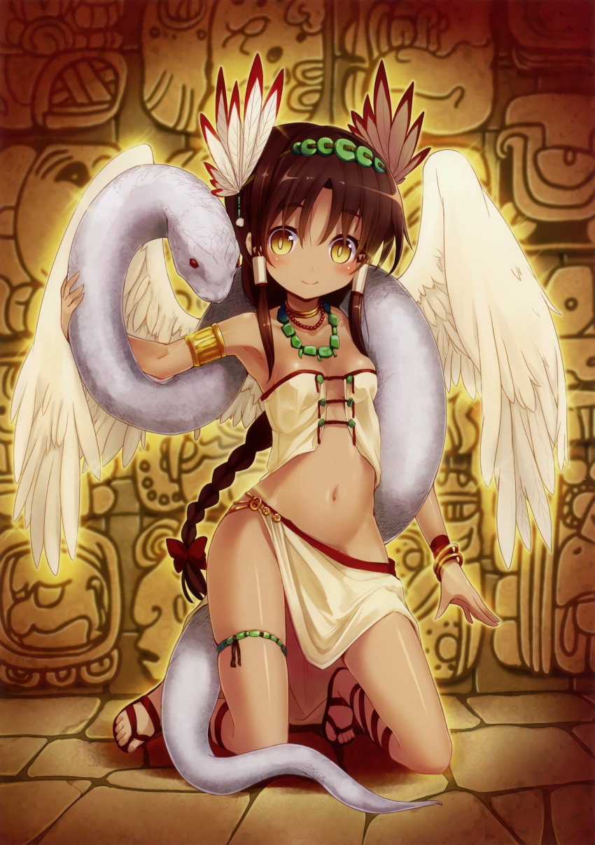 1girl absurdres architecture armlet batoran_kenran_kishou blush breasts brown_hair cross-laced_footwear dark-skinned_female dark_skin female_focus full_body hair_ornament hair_tubes highres jewelry kneeling looking_at_viewer mesoamerican_architecture mexico midriff minamura_haruki navel necklace no_panties quetzalcoatl_(batoran_kenran_kishou) sandals scan skirt small_breasts smile snake solo thigh_strap wings yellow_eyes