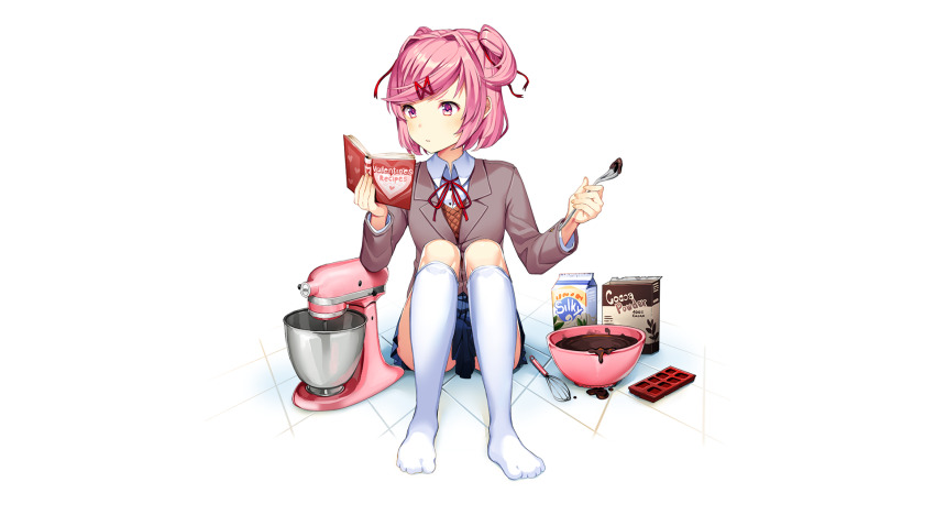 1girl annoyed baking batter blazer blue_skirt blush book box breasts brown_sweater button_gap chocolate collared_shirt commentary cookbook doki_doki_literature_club doki_doki_literature_club doki_doki_literature_club_school_uniform dot_nose dress_shirt elbow_rest english_commentary eyebrows_hidden_by_hair fingernails full_body furrowed_brow game_cg grey_jacket hair_intakes hair_ornament hair_ribbon highres holding holding_book holding_spoon indoors jacket kneehighs knees_up legs_together long_eyelashes long_sleeves looking_to_the_side milk_carton miniskirt mixer_(cooking) mixing_bowl natsuki_(doki_doki_literature_club) neck_ribbon no_shoes non-web_source official_art on_floor open_book parted_bangs parted_lips pink_eyes pink_hair pleated_skirt promotional_art reading red_ribbon ribbon satchely school_uniform shirt short_hair sidelocks simple_background sitting skirt small_breasts socks solo spoon straight-on sweater thick_eyelashes tile_floor tiles toes two_side_up v-neck v-shaped_eyebrows valentine whisk white_background white_shirt white_socks wing_collar x_hair_ornament