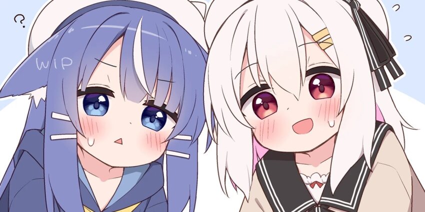 2girls :&lt; :d ? animal_ear_fluff animal_ears beret blue_background blue_hair blue_hoodie blush brown_shirt commentary ears_down flying_sweatdrops hair_ornament hairclip hat hood hood_down hoodie kotone_(ayanepuna) multicolored_hair multiple_girls nia_(ayanepuna) open_mouth original parted_lips pink_hair shirt small_sweatdrop smile streaked_hair sweat symbol-only_commentary triangle_mouth two-tone_background two-tone_hair unfinished upper_body white_background white_hair white_hat yuune_(ayanepuna)