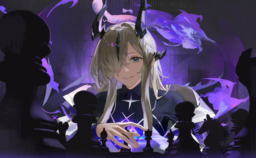 1girl absurdres aqua_eyes arknights bishop_(chess) black_shirt blonde_hair board_game chess chess_piece collared_shirt commentary_request dragon_girl dragon_horns dragon_tail necrass_(arknights) fire flame-tipped_tail foreshortening hair_over_one_eye highres horns jinsei_tsuraiman king_(chess) knight_(chess) long_hair long_sleeves looking_at_viewer off_shoulder parted_lips pawn_(chess) purple_fire queen_(chess) shirt smile solo tail upper_body